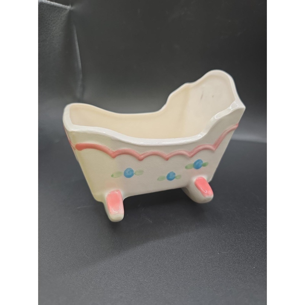 Vintage Pink/White Napco Baby Girl Ceramic Cradle planter Japan